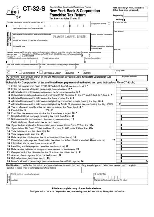 Form Ct-32-S - New York Bank S Corporation Franchise Tax Return - 1999 Printable pdf