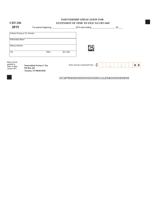 Fillable Form Cbt-206 - Extension Of Time To File Nj-Cbt-1065 - 2015 Printable pdf