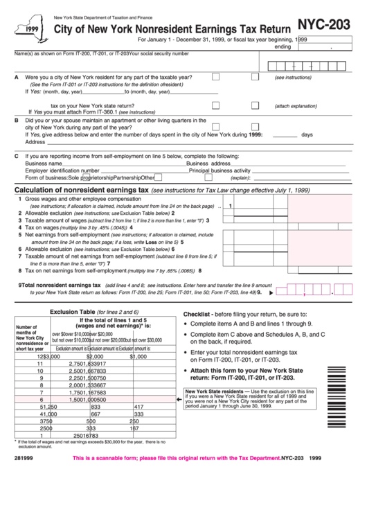 Form Nyc-203 - City Of New York Nonresident Earnings Tax Return - 1999 Printable pdf
