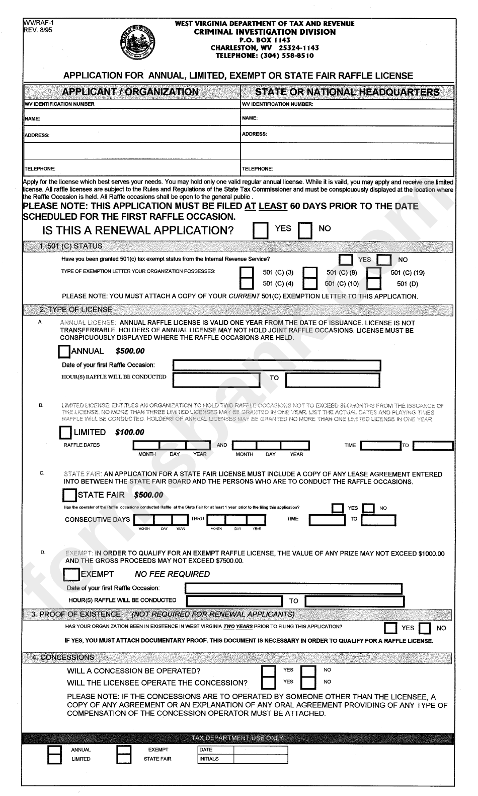 Form Wv/raf-1 - Application For Annual, Limited, Exempt Or State Fair Raffle License 1995