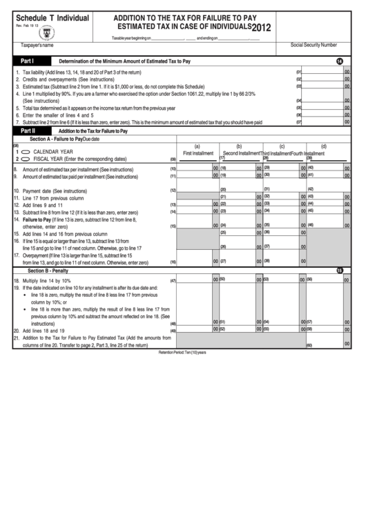 Schedule T Individual - Addition To The Tax For Failure To Pay Estimated Tax In Case Of Individuals - 2012 Printable pdf
