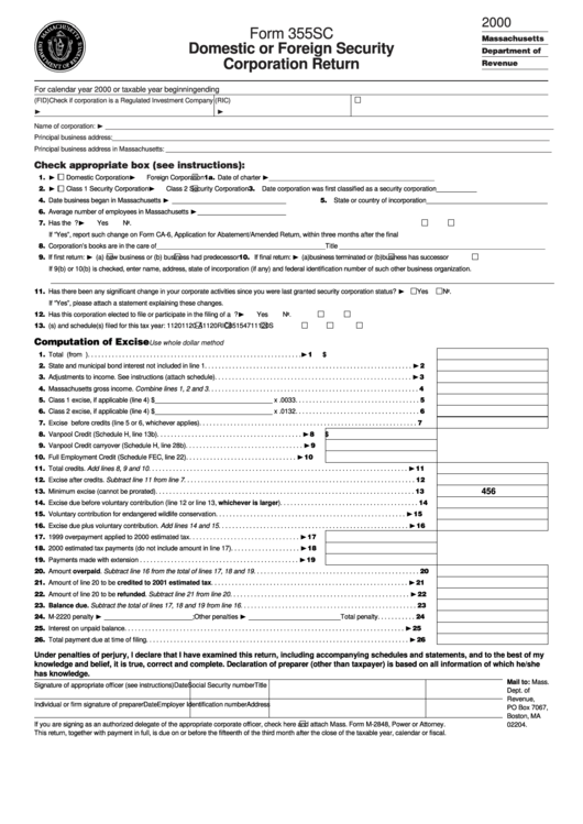Form 355sc - Domestic Or Foreign Security Corporation Return - 2000 Printable pdf