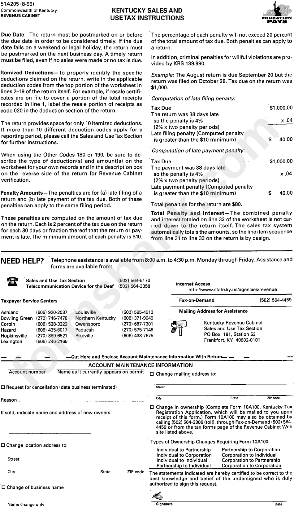 Form 51a205 - Account Maintenance Information For Kentucky Sales And Use Tax