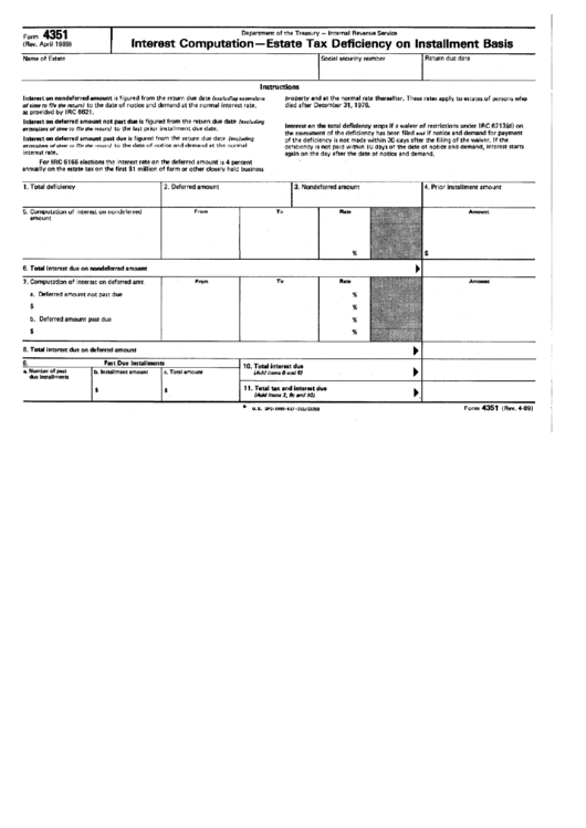 Form 4351 - Interest Computation - Estate Tax Deficiency On Installment Basis April 1989 Printable pdf