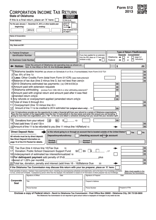 Fillable Form 512 - Corporation Income Tax Return - 2013 Printable pdf