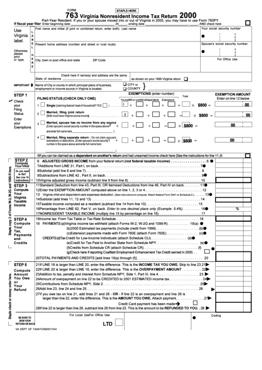 Form 763 - Virginia Nonresident Income Tax Return - 2000 Printable pdf