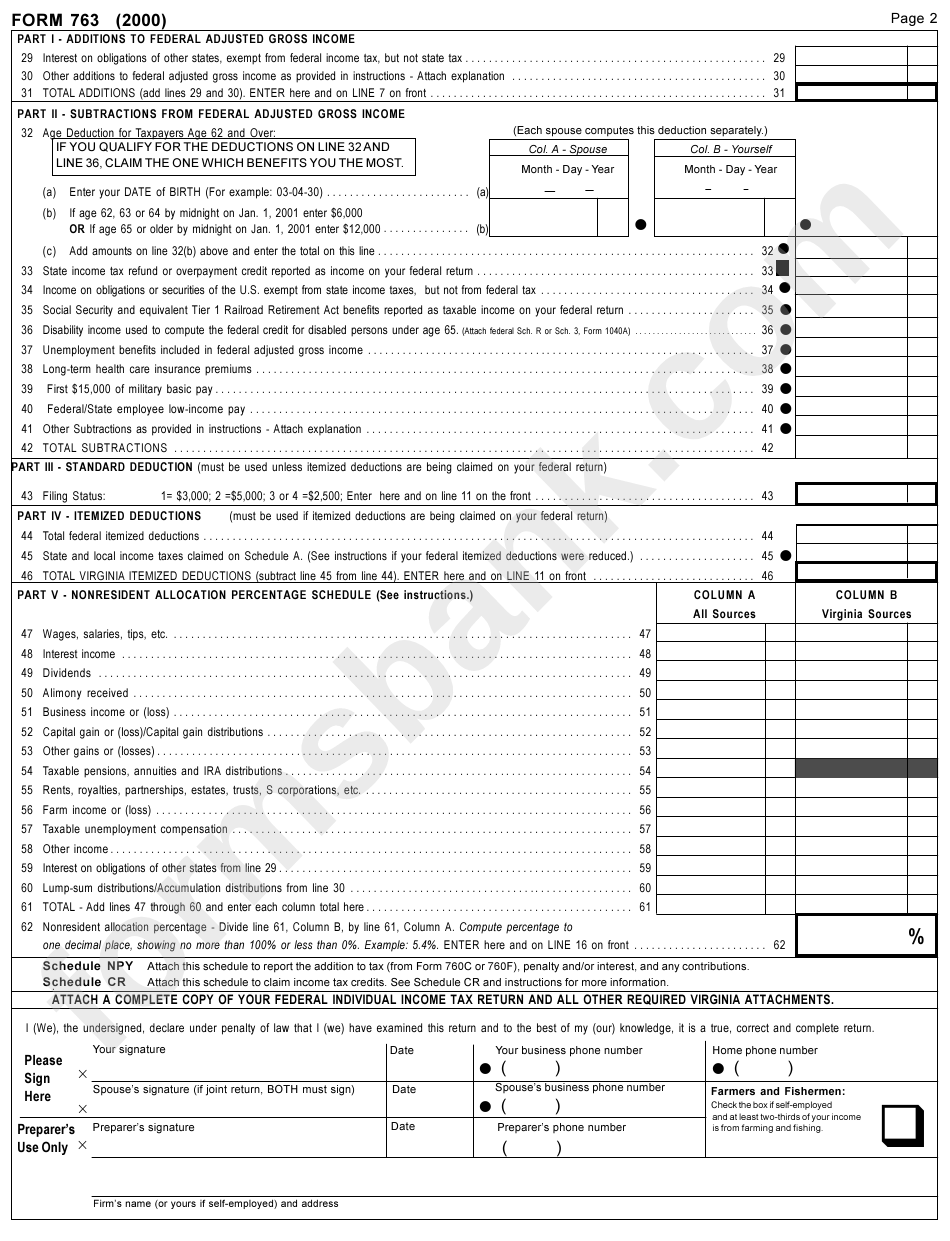 Form 763 - Virginia Nonresident Income Tax Return - 2000