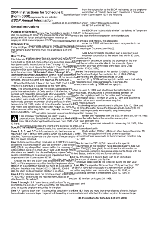 Instructions For Schedule E (Form 5500) 2004 Printable pdf