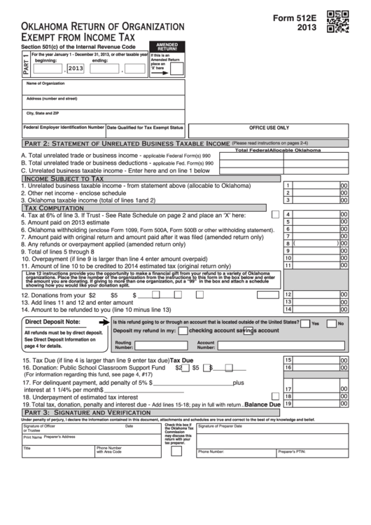 Fillable Form 512e - Oklahoma Return Of Organization Exempt From Income Tax - 2013 Printable pdf