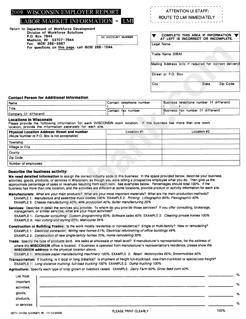 Form Deti-14168 - Wisconsin Employer Report - Labor Market Information - Lmi - 2009