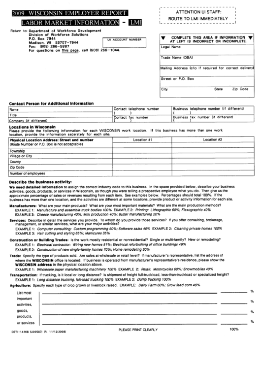 Form Deti-14168 - Wisconsin Employer Report - Labor Market Information - Lmi - 2009 Printable pdf