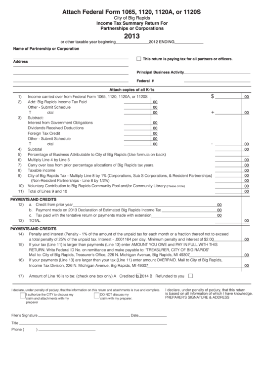 Income Tax Summary Return For Artnerships Or Corporations - City Of Big Rapids - 2013 Printable pdf