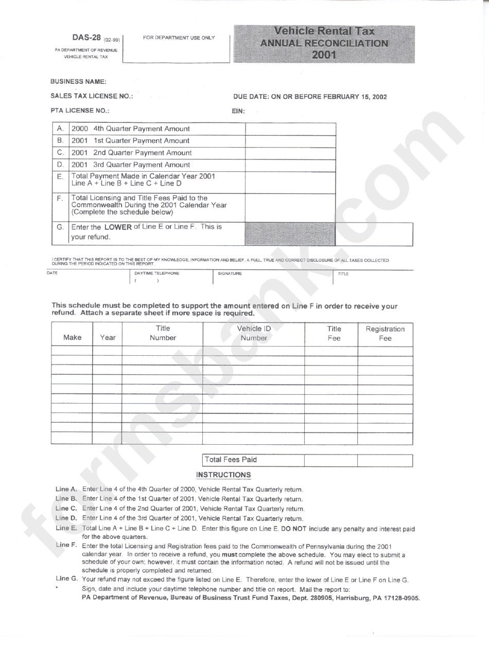 Form Das-28 - Vehicle Rental Tax Annual Reconciliation - 2001