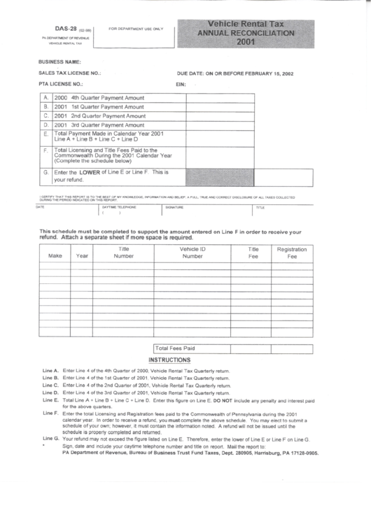 Form Das-28 - Vehicle Rental Tax Annual Reconciliation - 2001 Printable pdf