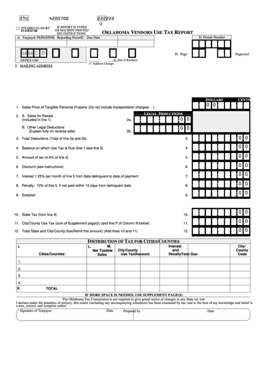 Form Stu0002-01-99-Bt - Oklahoma Vendors Use Tax Report Printable pdf