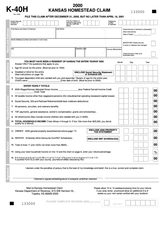 Form K-40h - Kansas Homestead Claim - 2000 Printable pdf