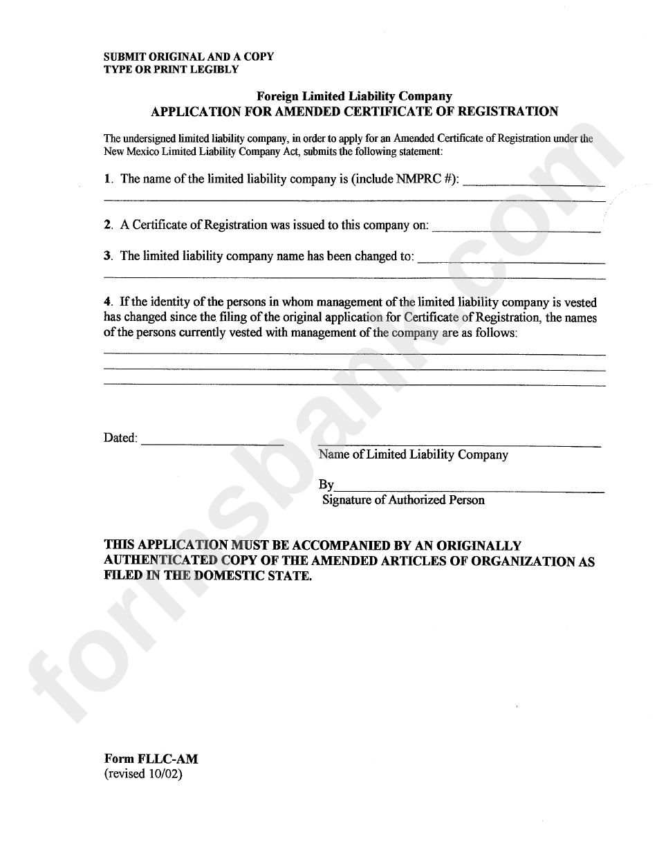 Form Fllc-Am - Application For Amended Certificate Of Registration - 2002