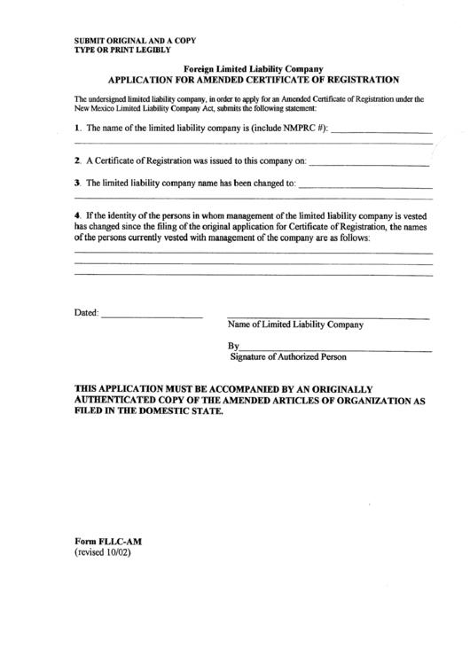 Form Fllc-Am - Application For Amended Certificate Of Registration - 2002 Printable pdf