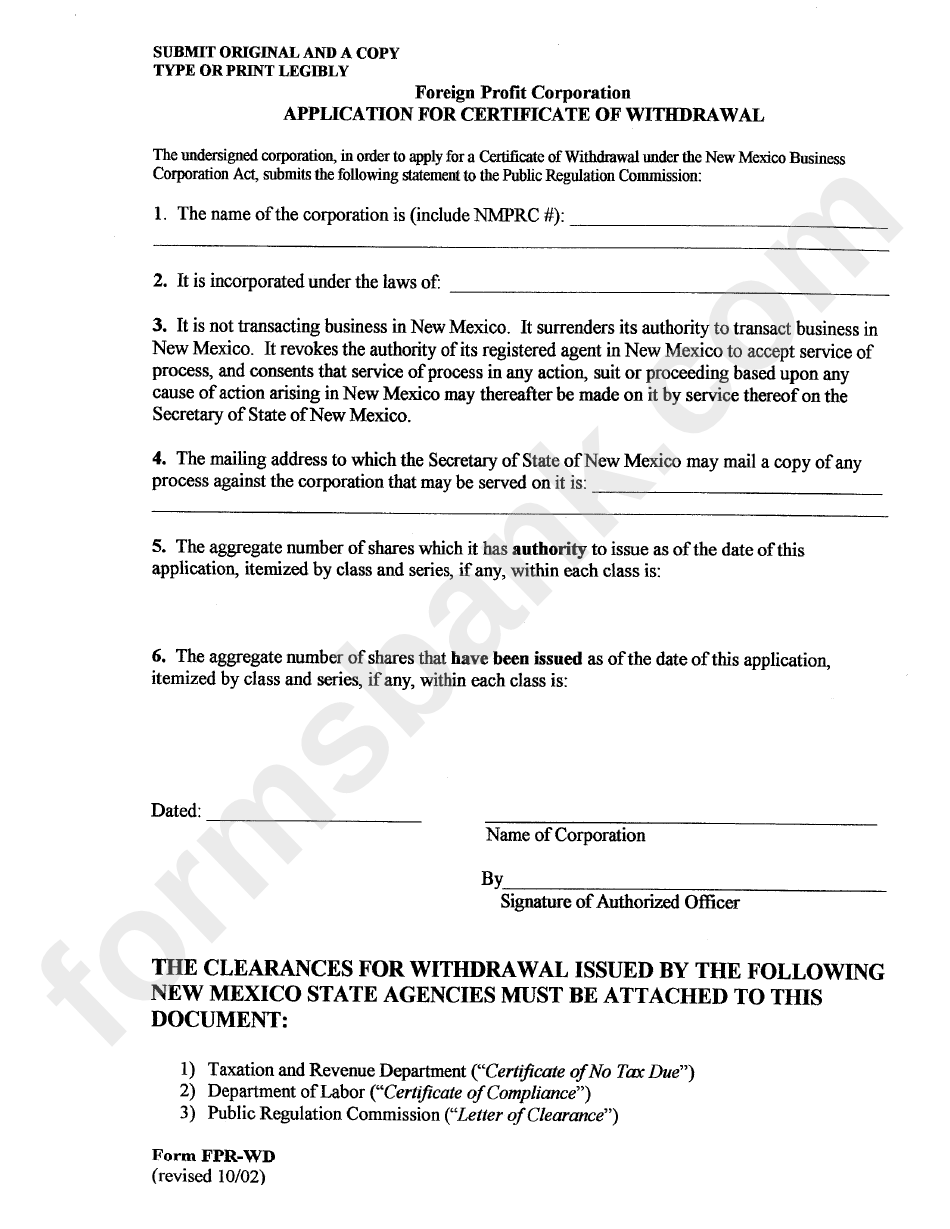 Form Fpr-Wd - Application For Certificate Of Withdrawal - 2002