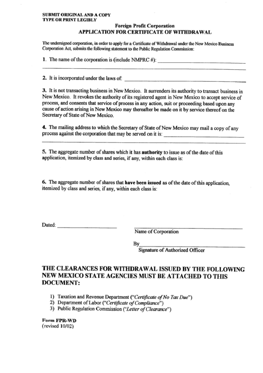 Form Fpr-Wd - Application For Certificate Of Withdrawal - 2002 Printable pdf