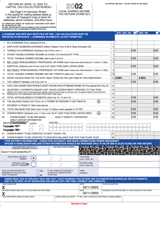 Fillable Form 531 - Local Earned Income Tax Return - 2002 Printable pdf
