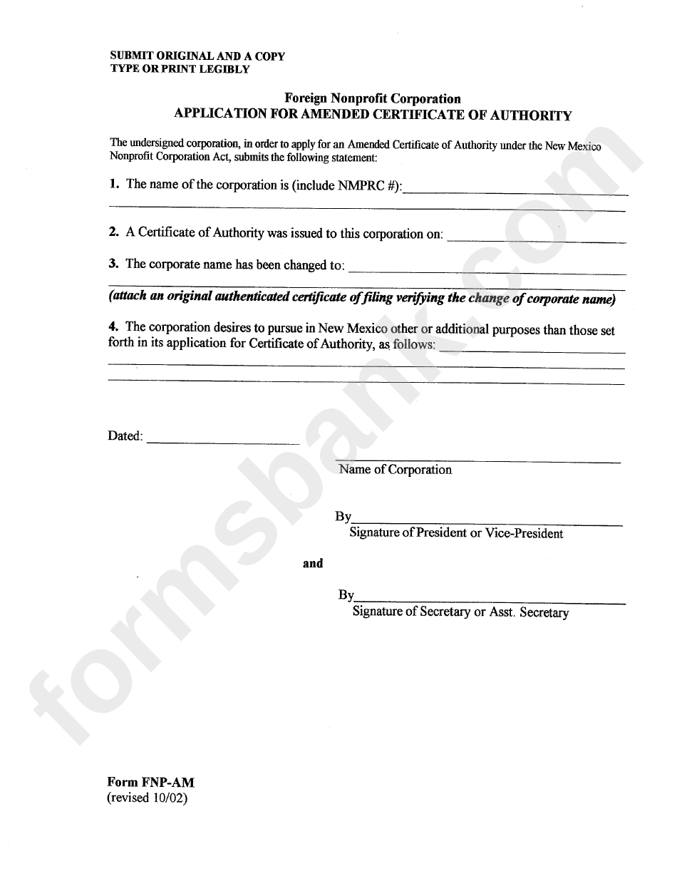 Form Fnp-Am - Application For Amended Certificate Of Authority - 2002