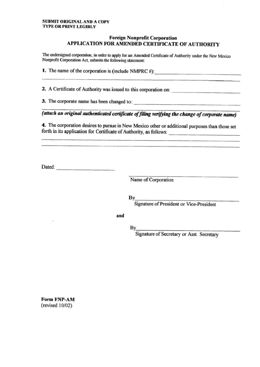 Form Fnp-Am - Application For Amended Certificate Of Authority - 2002 Printable pdf