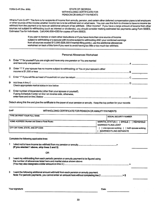 Form G-4p - State Of Georgia Withholding Certificate For Pension Or Annuity Payments Printable pdf