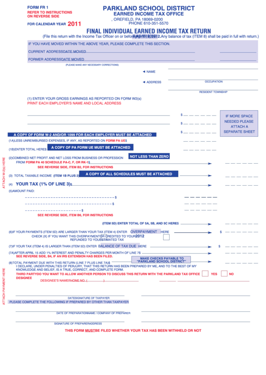Form Fr 1 - Final Individual Earned Income Tax Return - Parkland School District - 2011 Printable pdf