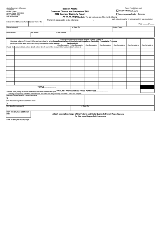 Form 04-843 - Operator Quarterly Report - 2002 Printable pdf