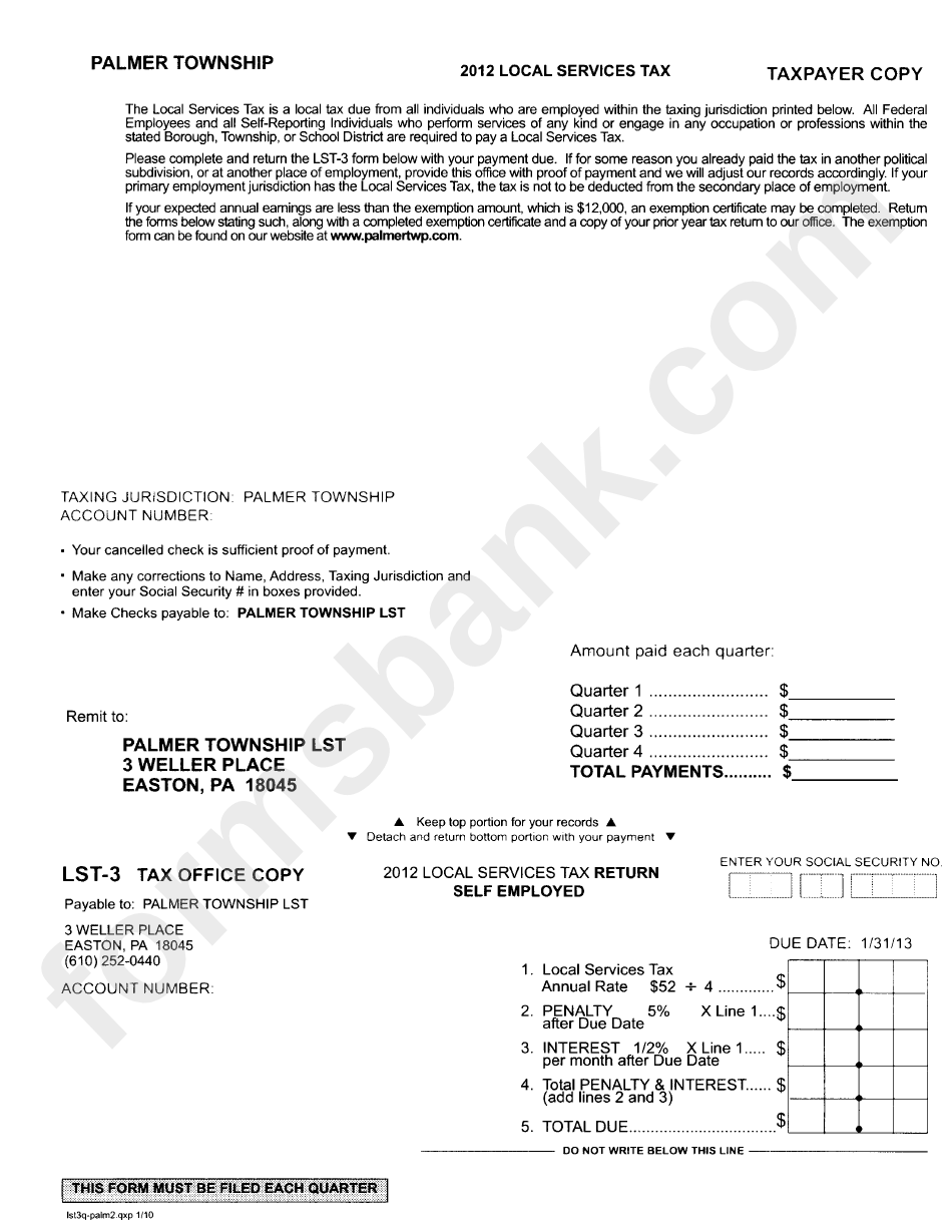 Form Lst-3 - Local Services Tax Return Self Employed - Palmer Township - 2012