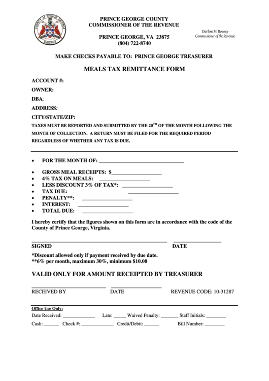 Meals Tax Remittance Form - Prince George County Commissioner Of The Revenue Printable pdf