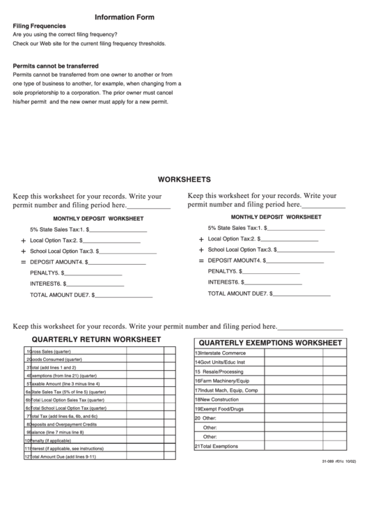 Form 31-089 - Monthly Deposit Worksheet, Quarterly Return Worksheet Printable pdf