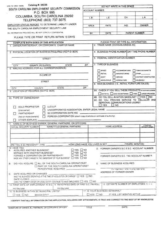 Form Uce-151 - Employer Status Report - South Carolina Employment Security Comission Printable pdf