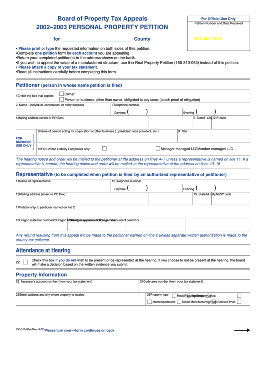 Fillable Form 150-310-064 - Personal Property Petition - 2002-2003 Printable pdf