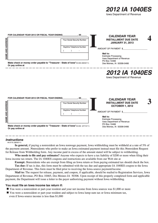 Form Ia 1040es - Individual Income Estimate Tax Payment Voucher - 2012 Printable pdf