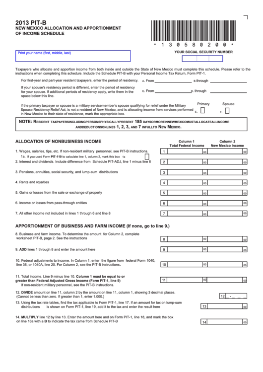 Form Pit-B - New Mexico Allocation And Apportionment Of Income Schedule - 2013 Printable pdf