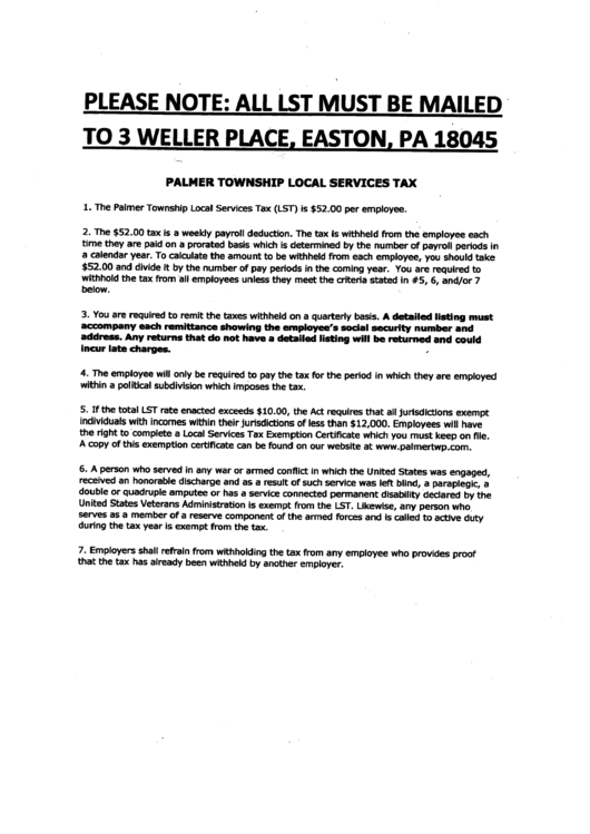 Form Lst-1 - Local Services Tax Employer Return - Palmer Township - 2012 Printable pdf