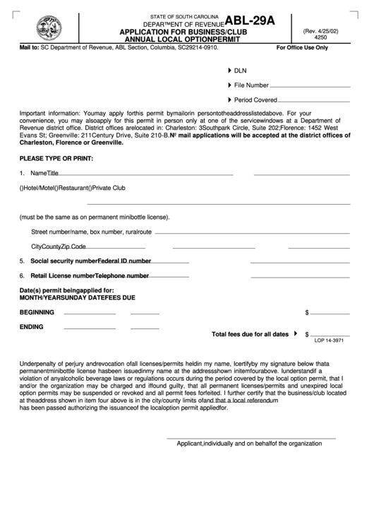 Form Abl-29a - Application For Business/club Annual Local Option Permit Printable pdf