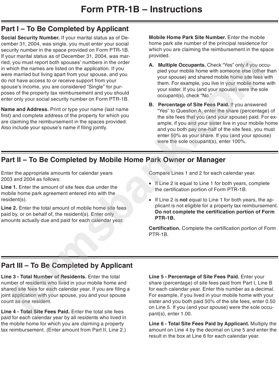 Form Ptr-1b Instructions - Mobile Home Owners - Verification Of 2003 And 2004 Mobile Home Park Site Fees