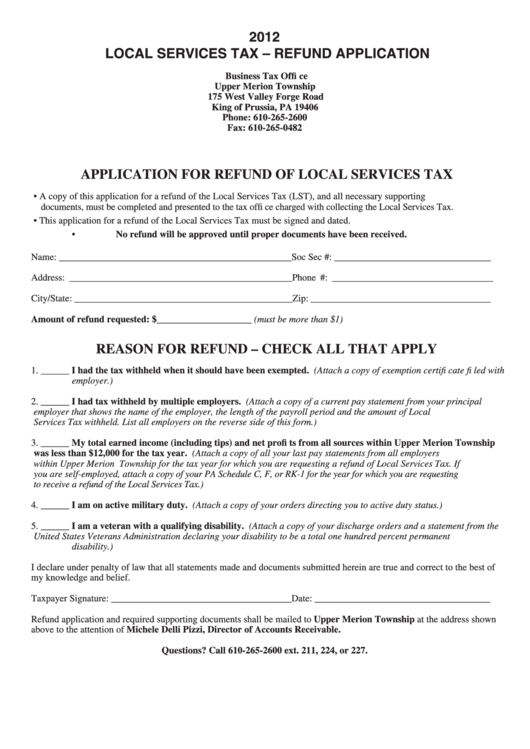 Application For Refund Of Local Services Tax Form - 2012 Printable pdf