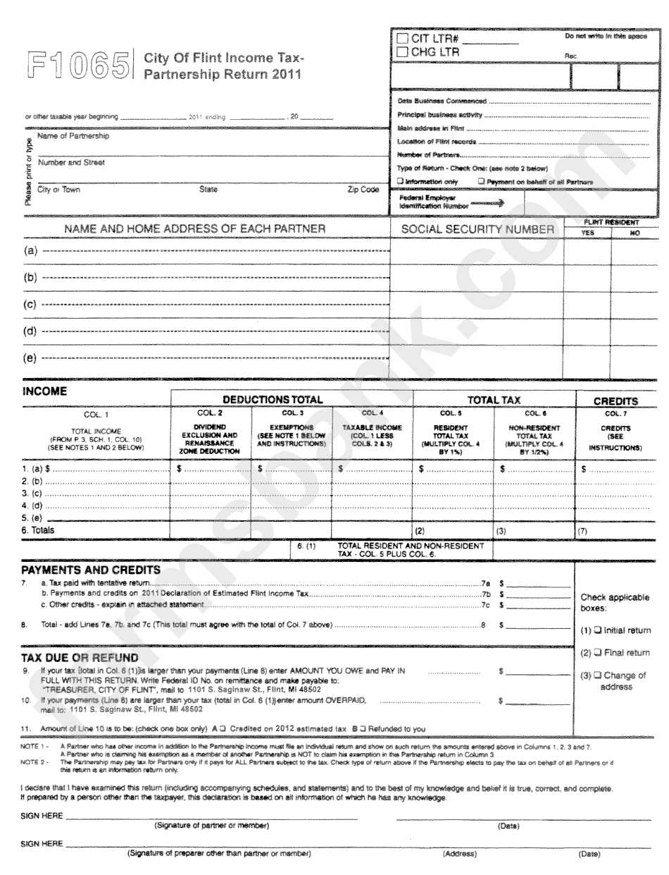 Form F1065 - City Of Flint Income Tax-Partnership Return 2011