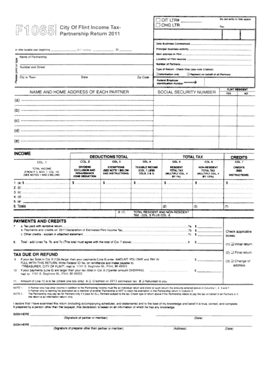Form F1065 - City Of Flint Income Tax-Partnership Return 2011 Printable pdf