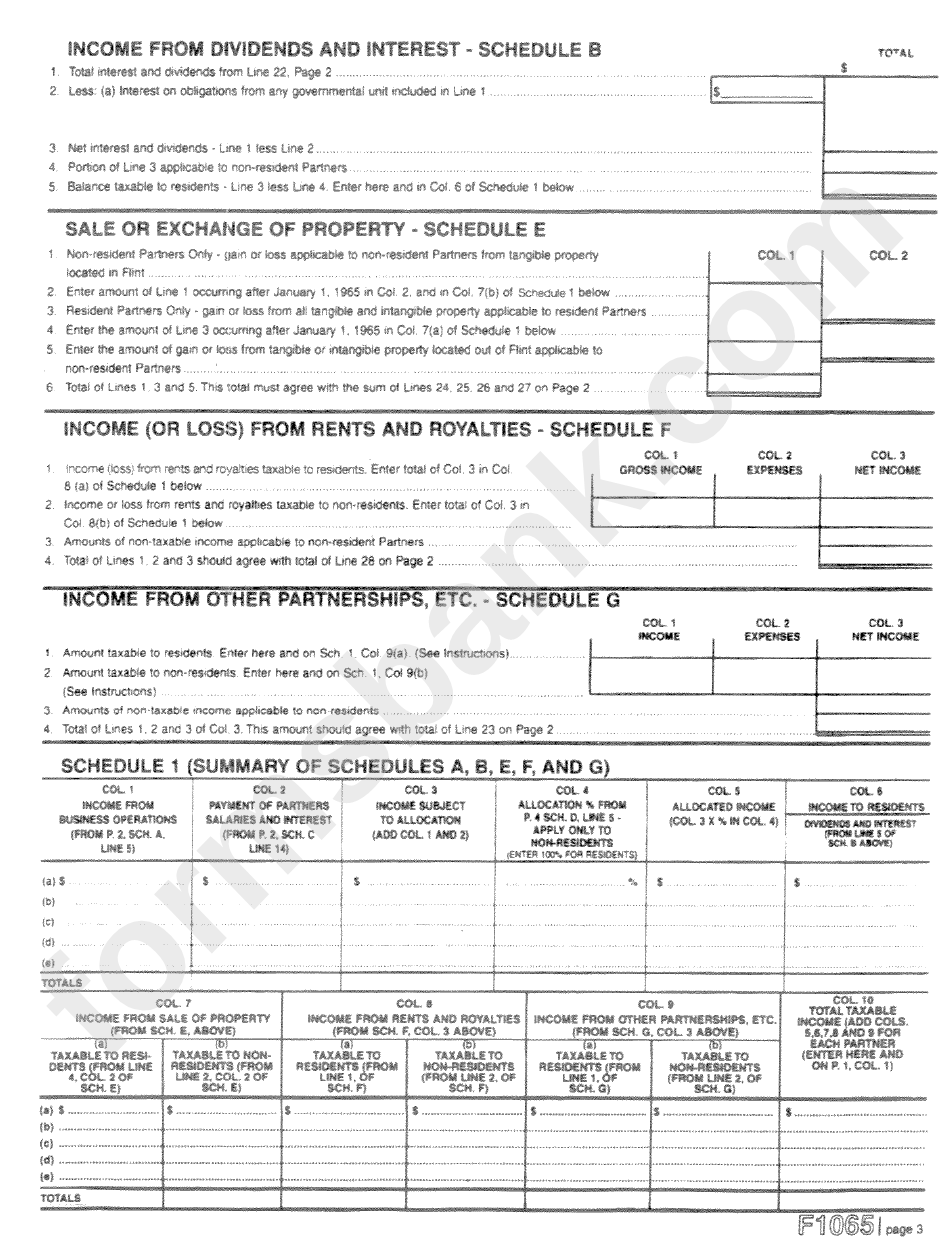 Form F1065 - City Of Flint Income Tax-Partnership Return 2011