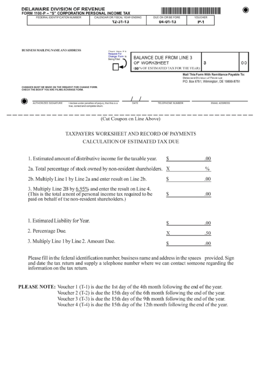 Taxpayers Worksheet And Record Of Payments - Calculation Of Estimated Tax Due - Delaware Division Of Revenue Printable pdf