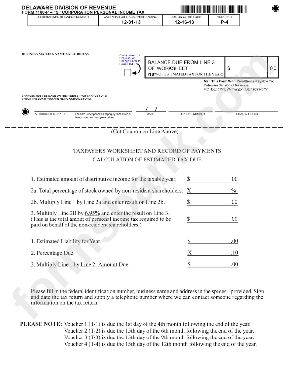 Taxpayers Worksheet And Record Of Payments - Calculation Of Estimated Tax Due - Delaware Division Of Revenue