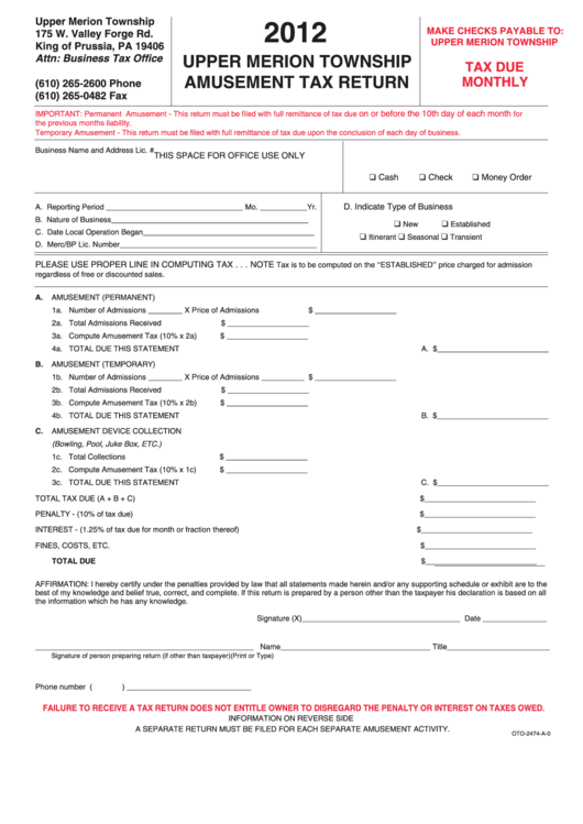 Amusement Tax Return - Upper Merion Township - 2012 Printable pdf