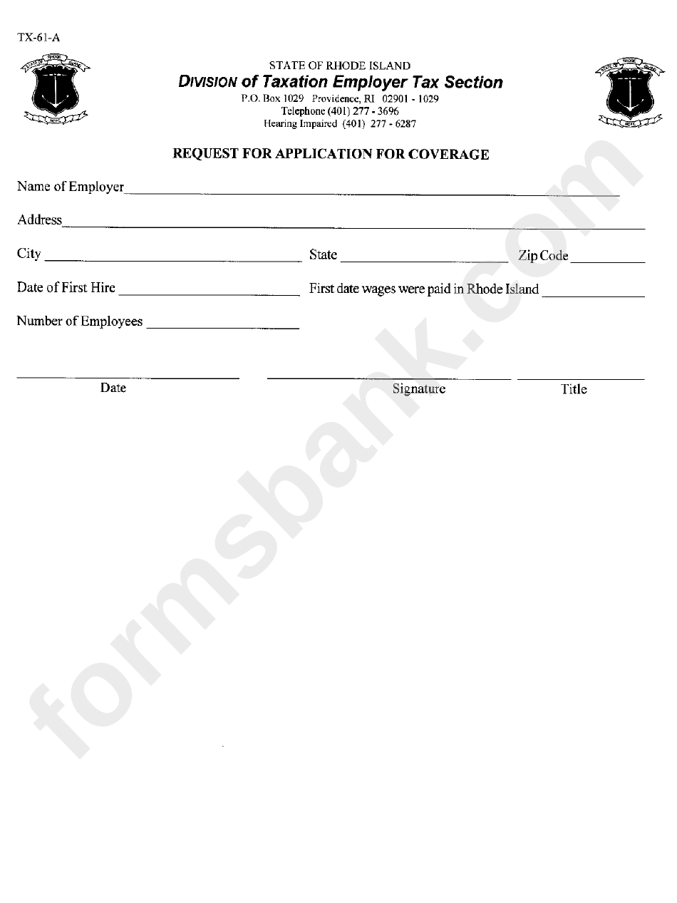 Form Tx-61-A - Request For Application For Coverage - Rhode Island Division Of Taxation