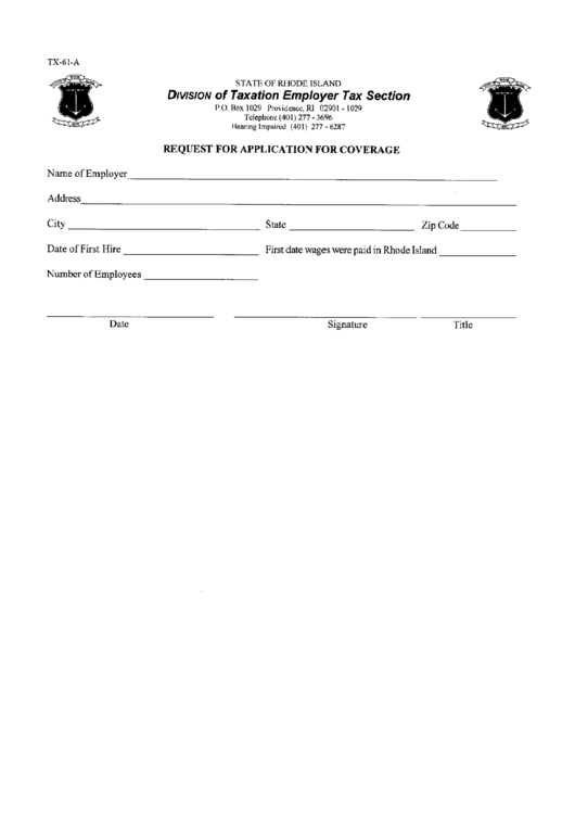 Form Tx-61-A - Request For Application For Coverage - Rhode Island Division Of Taxation Printable pdf