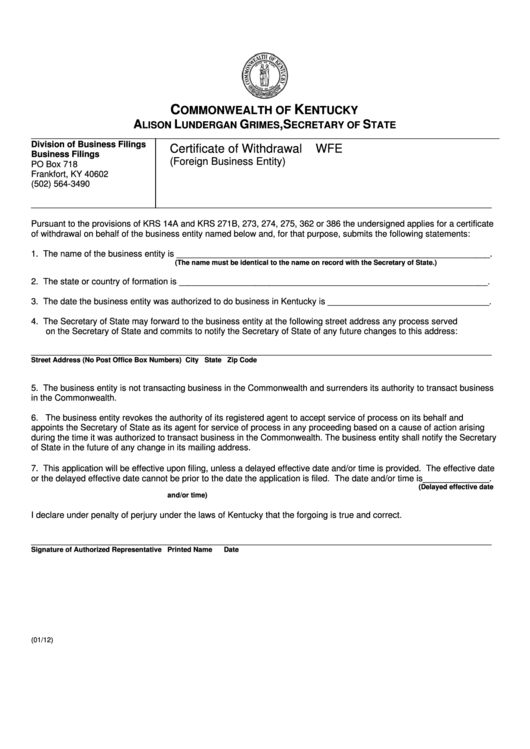 Fillable Form Wfe - Certificate Of Withdrawal - Foreign Business Entity - 2012 Printable pdf